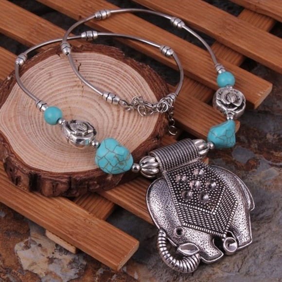Boho Retro Good Luck Elephant Turquoise Pendant - Picture 1 of 6